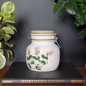 Italian Ceramic Hand Painted Canister With Lid, Cookie Jar With Clover